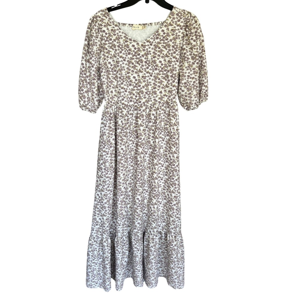 Leia n Co Floral Midi Dress Purple Smocked Puff Sleeve Pockets Cottagecore S